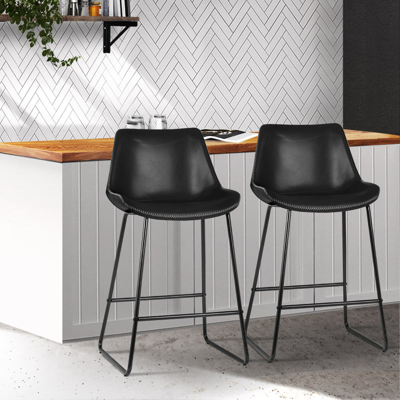 Dealsmate  Bar Stools Kitchen Counter Barstools Leather Metal Chairs Black x2