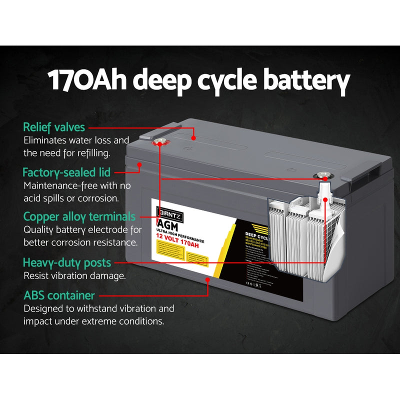 Dealsmate  AGM Deep Cycle Battery 12V 170Ah Box Portable Solar Caravan Camping