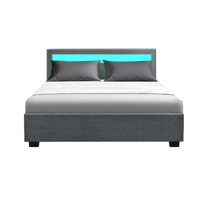Dealsmate  Bed Frame Double Size LED Gas Lift Grey COLE