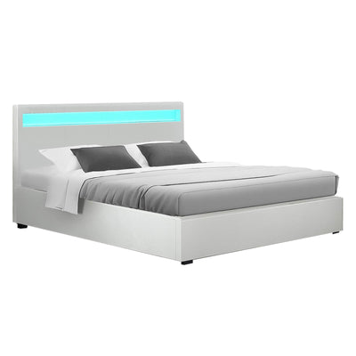 Dealsmate  Bed Frame Double Size LED Gas Lift White COLE