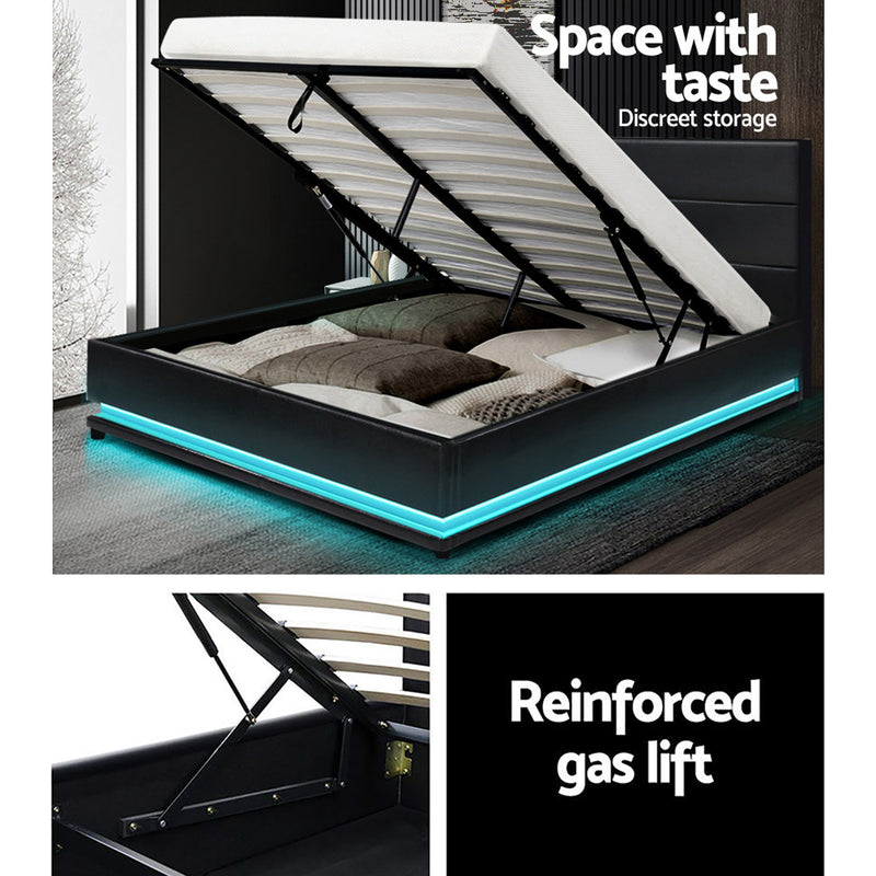 Dealsmate  Bed Frame Double Size LED Gas Lift Black LUMI