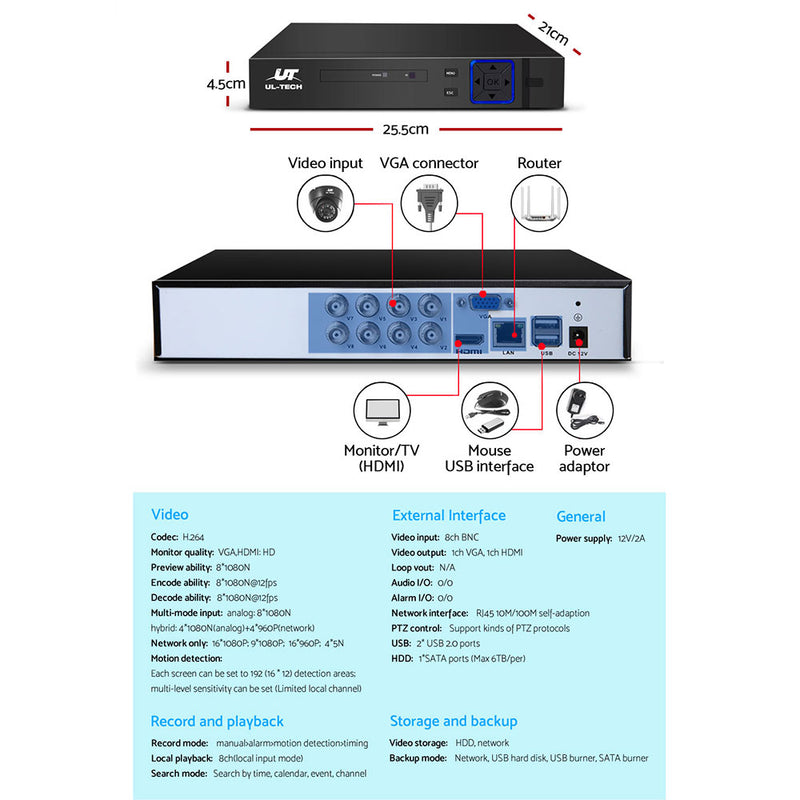 Dealsmate UL-tech CCTV Security System 8CH DVR 4 Cameras 1080p