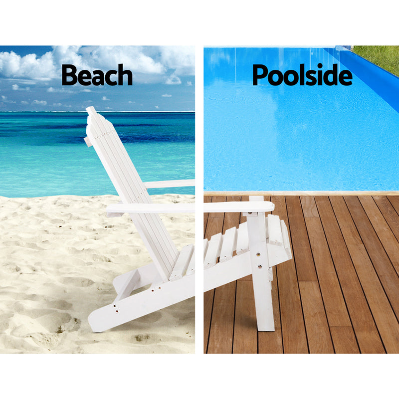 Dealsmate  3PC Adirondack Outdoor Table and Chairs Wooden Beach Chair White