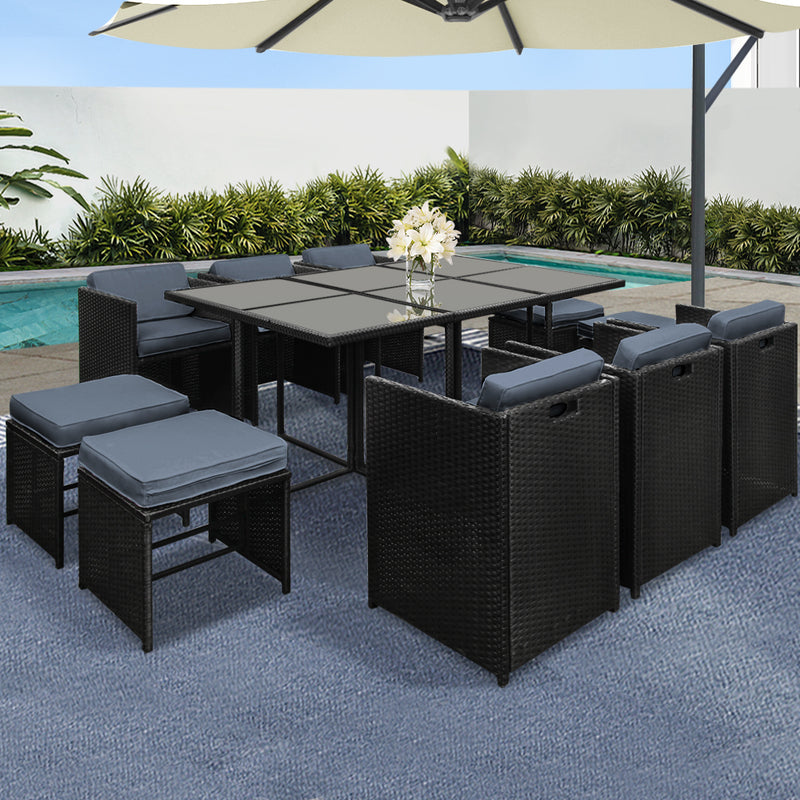 Dealsmate  Outdoor Dining Set 11 Piece Wicker Table Chairs Setting Black