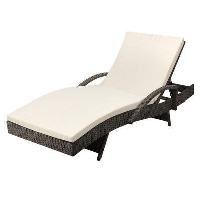 Dealsmate  Sun Lounge Wicker Lounger Outdoor Furniture Beach Chair Patio Adjustable Cushion Grey&Beige
