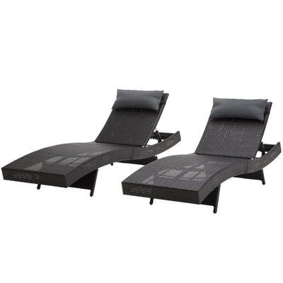Dealsmate  2PC Sun Lounge Wicker Lounger Outdoor Furniture Beach Chair Garden Adjustable Black