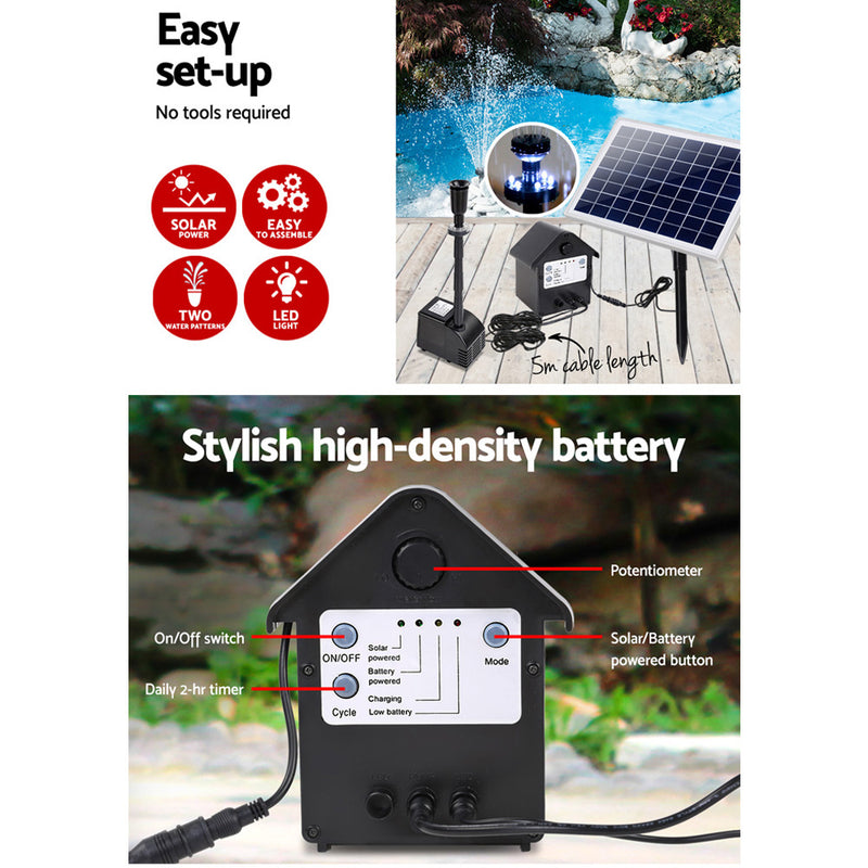 Dealsmate  Solar Pond Pump with Battery Kit LED Lights 6.6FT