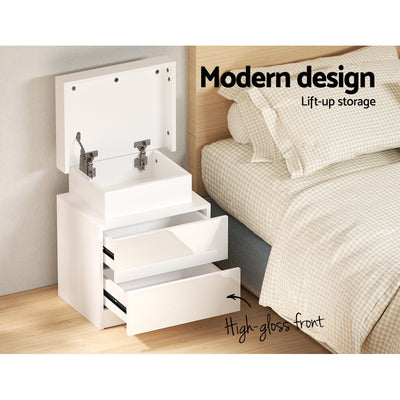 Dealsmate  Bedside Table LED 2 Drawers Lift-up Storage - COLEY White