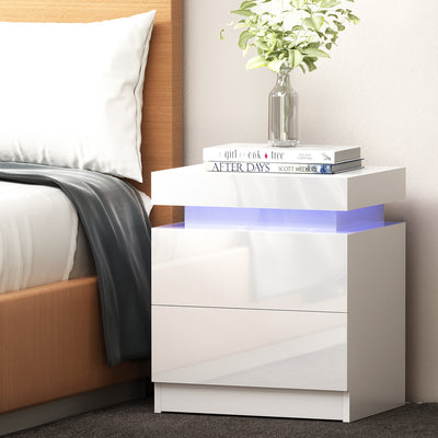 Dealsmate  Bedside Table LED 2 Drawers Lift-up Storage - COLEY White