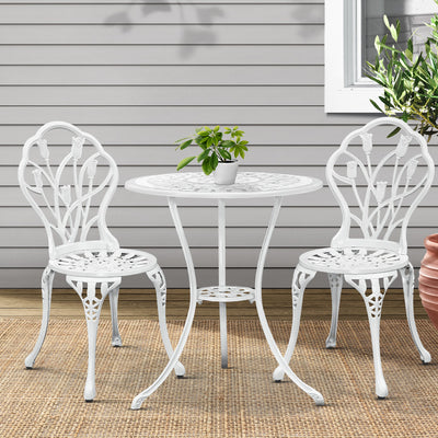 Dealsmate  3PC Outdoor Setting Bistro Set Chairs Table Cast Aluminum Patio Furniture Tulip White