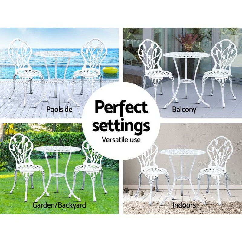 Dealsmate  3PC Outdoor Setting Bistro Set Chairs Table Cast Aluminum Patio Furniture Tulip White