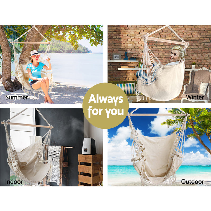 Dealsmate  Hanging Hammock Chair Outdoor Swing Hammocks Tassel Cream