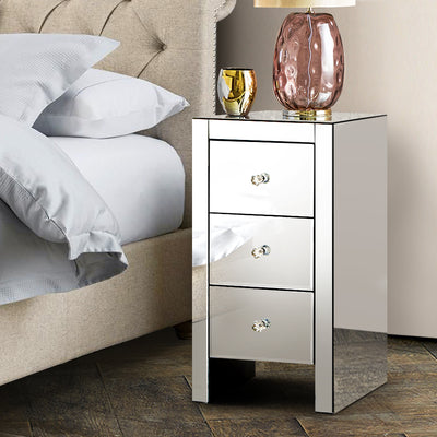 Dealsmate  Bedside Table 3 Drawers Mirrored - QUENN Silver