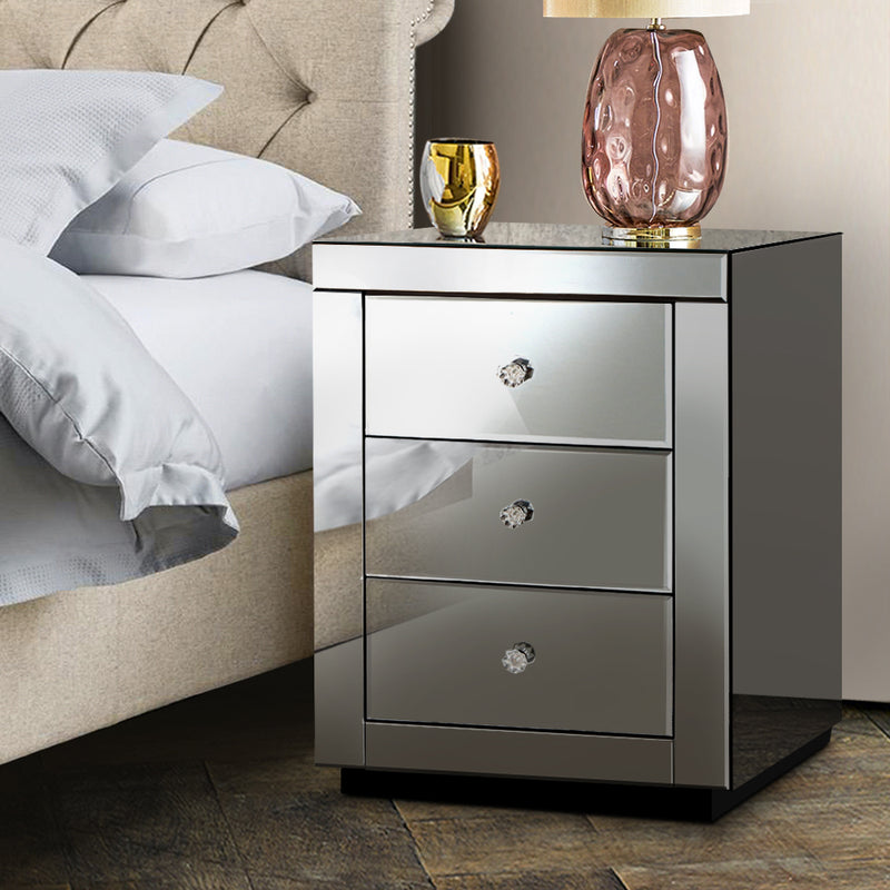 Dealsmate  Bedside Table 3 Drawers Mirrored - PRESIA Grey