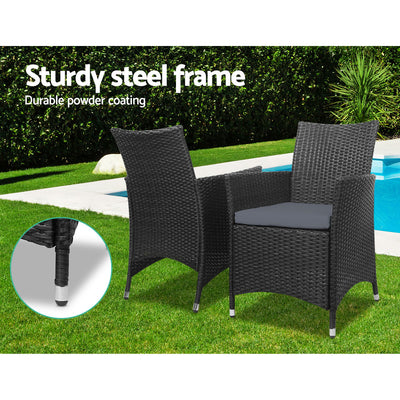 Dealsmate  3PC Outdoor Bistro Set Patio Furniture Wicker Chairs Table Cushion All Black