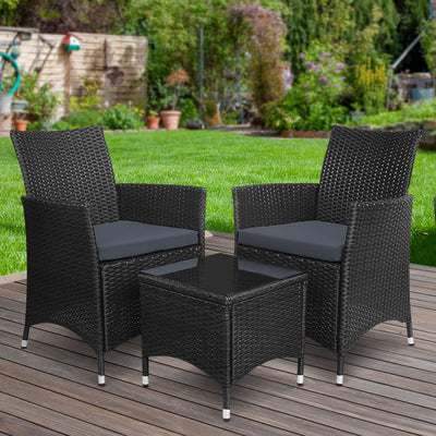 Dealsmate  3PC Outdoor Bistro Set Patio Furniture Wicker Chairs Table Cushion All Black