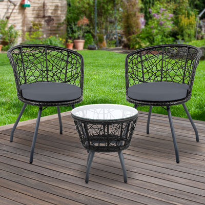 Dealsmate  3PC Bistro Set Outdoor Furniture Rattan Table Chairs Patio Garden Cushion Black