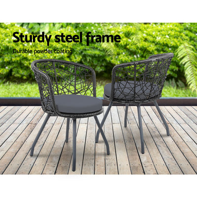 Dealsmate  3PC Bistro Set Outdoor Furniture Rattan Table Chairs Patio Garden Cushion Black