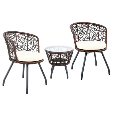 Dealsmate  3PC Bistro Set Outdoor Furniture Rattan Table Chairs Patio Garden Cushion Brown