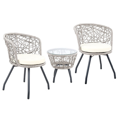 Dealsmate  3PC Bistro Set Outdoor Furniture Rattan Table Chairs Patio Garden Cushion Grey
