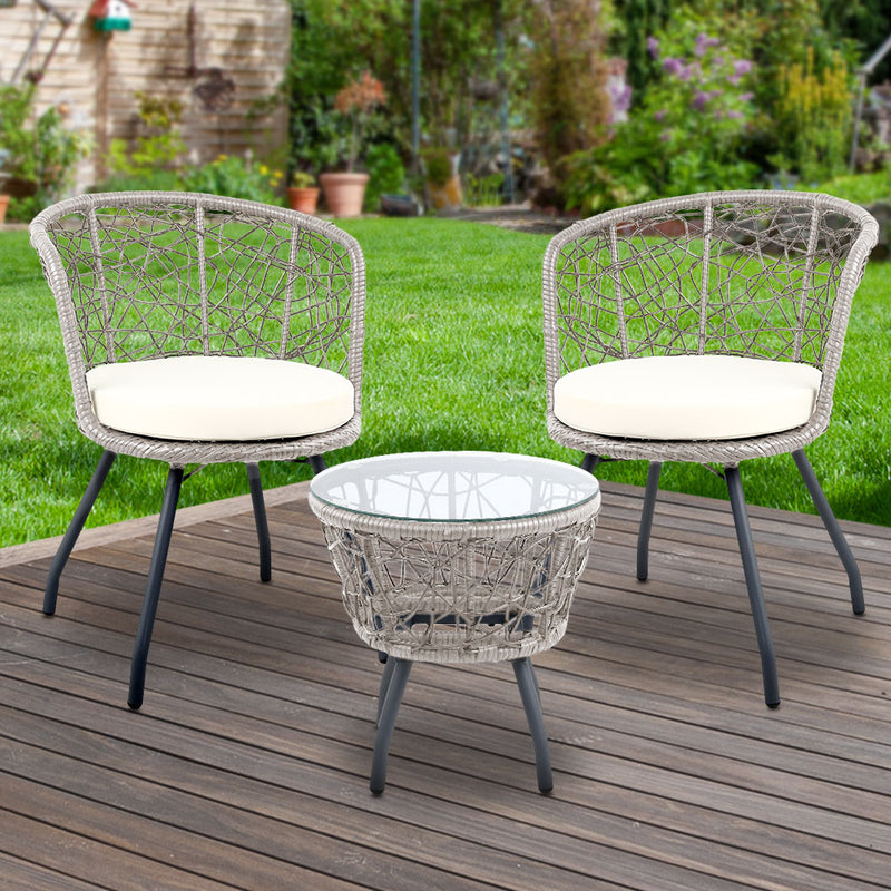 Dealsmate  3PC Bistro Set Outdoor Furniture Rattan Table Chairs Patio Garden Cushion Grey