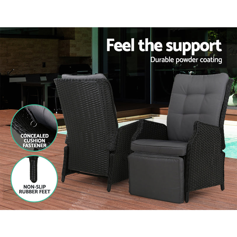Dealsmate  Recliner Chairs Sun lounge Wicker Lounger Outdoor Furniture Patio Adjustable Black