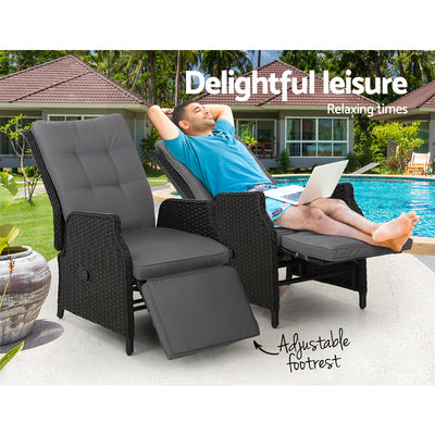 Dealsmate  2PC Recliner Chairs Sun lounge Wicker Lounger Outdoor Furniture Adjustable Black