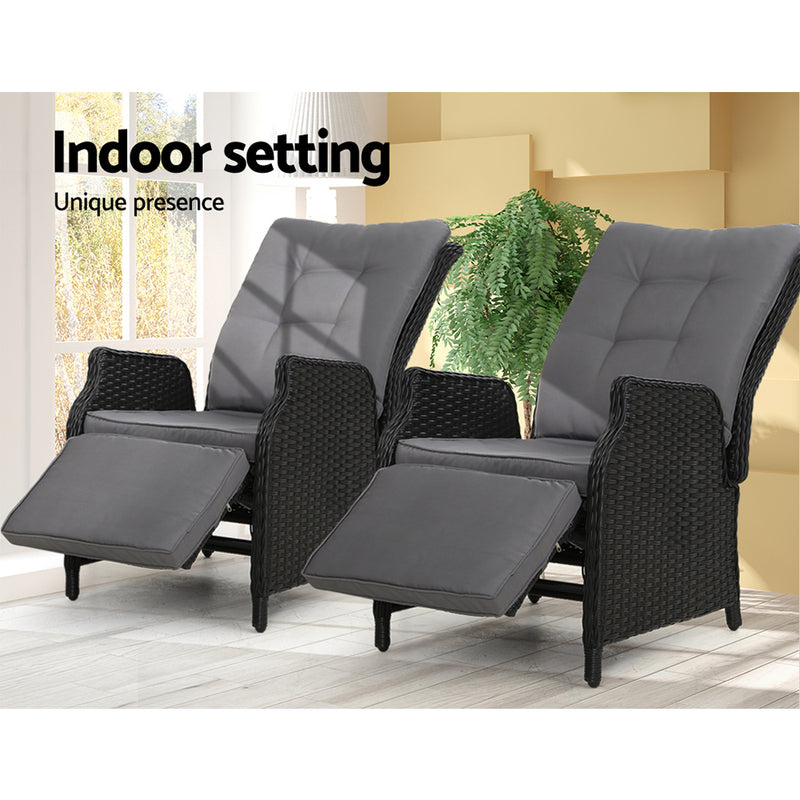 Dealsmate  2PC Recliner Chairs Sun lounge Wicker Lounger Outdoor Furniture Adjustable Black