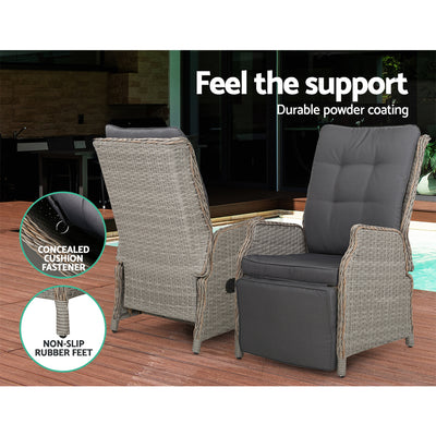 Dealsmate  2PC Recliner Chairs Sun lounge Wicker Lounger Outdoor Furniture Adjustable Grey
