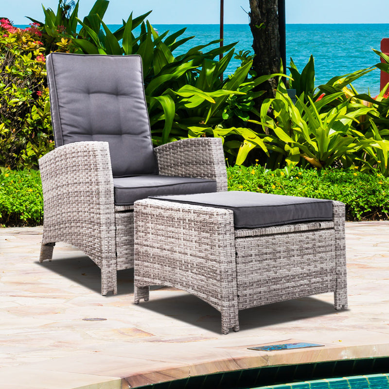 Dealsmate  Recliner Chair Sun lounge Wicker Lounger Outdoor Patio Furniture Adjustable Grey