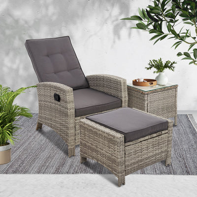 Dealsmate  3PC Recliner Chairs Table Sun lounge Wicker Outdoor Furniture Adjustable Grey