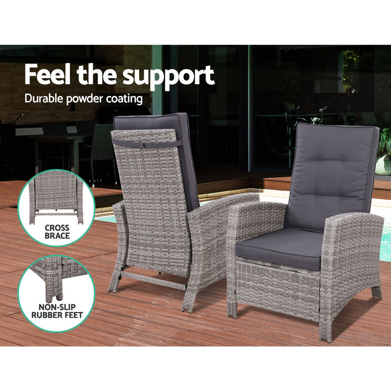 Dealsmate  3PC Recliner Chairs Table Sun lounge Wicker Outdoor Furniture Adjustable Grey