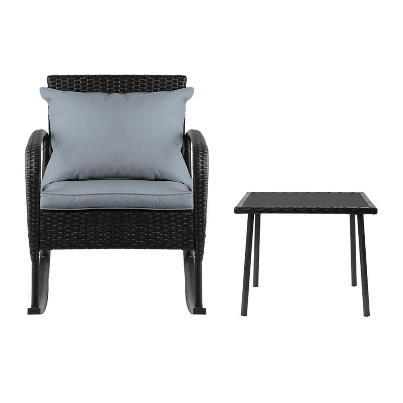 Dealsmate  3PC Rocking Chair Table Wicker Outdoor Furniture Patio Bistro Set Black