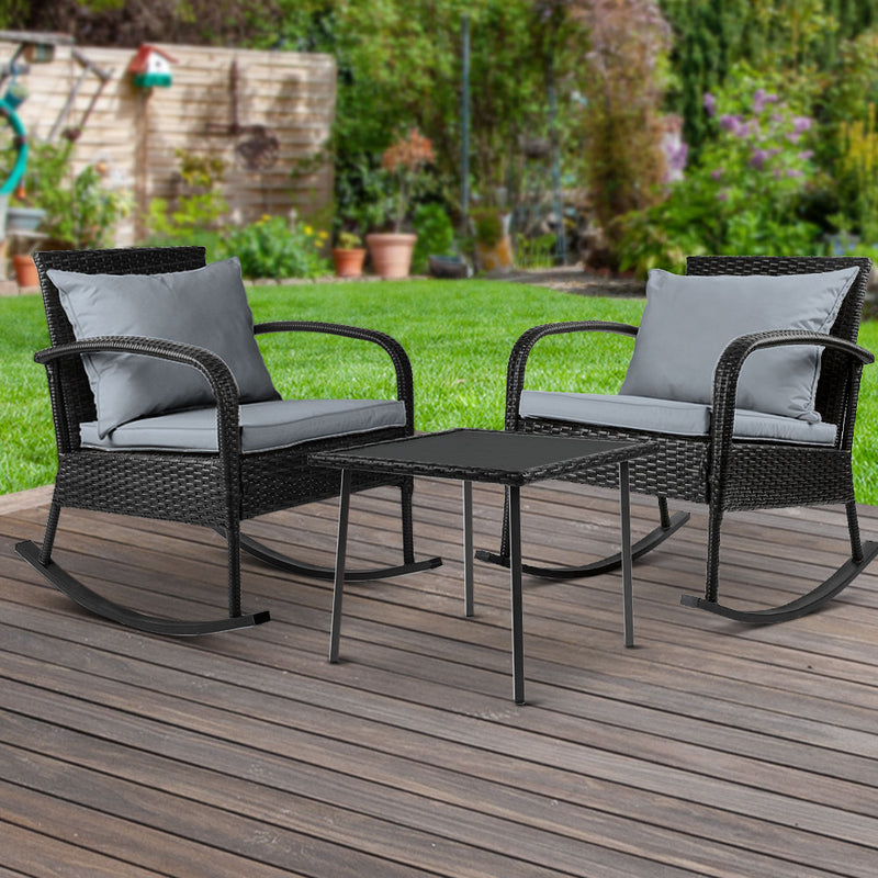 Dealsmate  3PC Rocking Chair Table Wicker Outdoor Furniture Patio Bistro Set Black