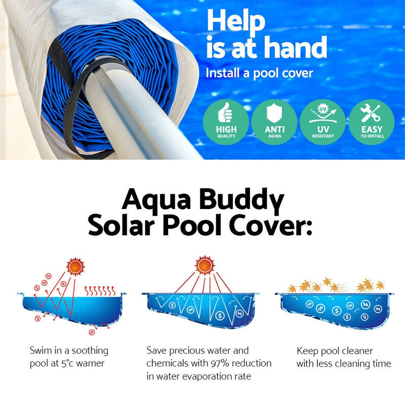 Dealsmate Aquabuddy Pool Cover 500 Micron 10.5x4.2m Silver Swimming Pool Solar Blanket 5.5m Blue Roller