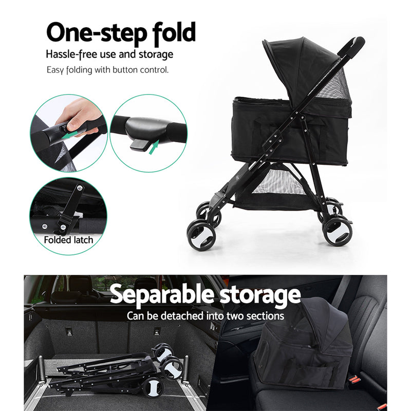 Dealsmate  Pet Stroller Dog Pram Cat Carrier Travel Large Pushchair Foldable 4 Wheels Black
