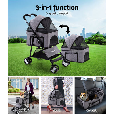 Dealsmate  Pet Stroller Dog Pram Cat Carrier Travel Large Pushchair Foldable 4 Wheels Grey