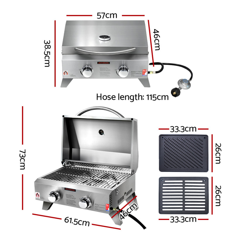 Dealsmate Grillz Portable Gas BBQ Grill 2 Burners with Double Sided Plate