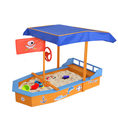 Dealsmate Keezi Kids Sandpit Wooden Boat Sand Pit with Canopy Bench Seat Beach Toys 150cm