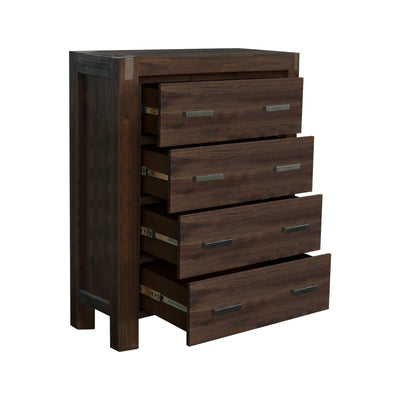Dealsmate 4 Pieces Bedroom Suite in Solid Wood Veneered Acacia Construction Timber Slat Double Size Chocolate Colour Bed, Bedside Table & Tallboy