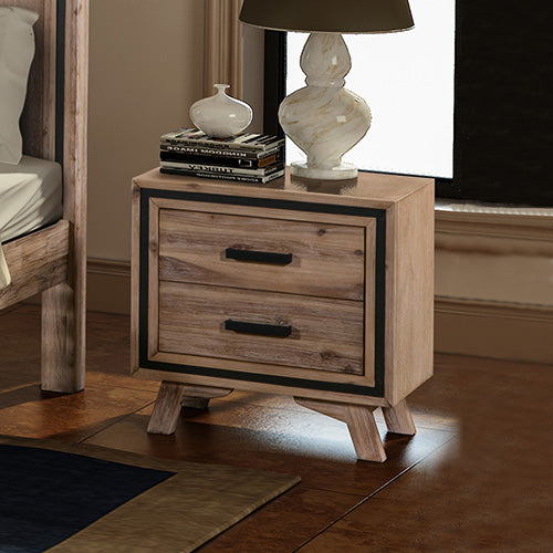 Dealsmate Bedside Table 2 drawer Night Stand with Solid Acacia Storage in Sliver Brush Colour