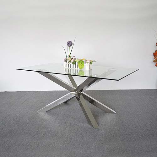 Dealsmate Dining Table in Crisscross Shaped High Glossy Stainless Steel Base with 12mm Tempered Glass Top