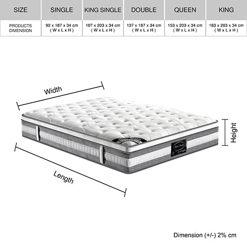 Dealsmate Mattress Euro Top Double Size Pocket Spring Coil with Knitted Fabric Medium Firm 34cm Thick