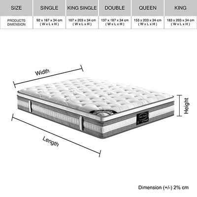 Dealsmate Mattress Euro Top Queen Size Pocket Spring Coil with Knitted Fabric Medium Firm 34cm Thick
