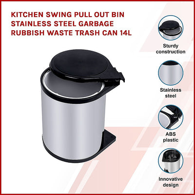 Dealsmate Kitchen Swing Pull Out Bin Stainless Steel Garbage Rubbish Waste Trash Can 14L