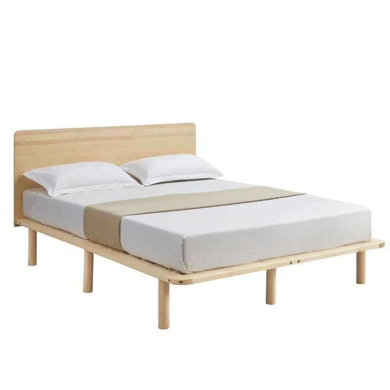Dealsmate Natural Solid Wood Bed Frame Bed Base with Headboard Queen