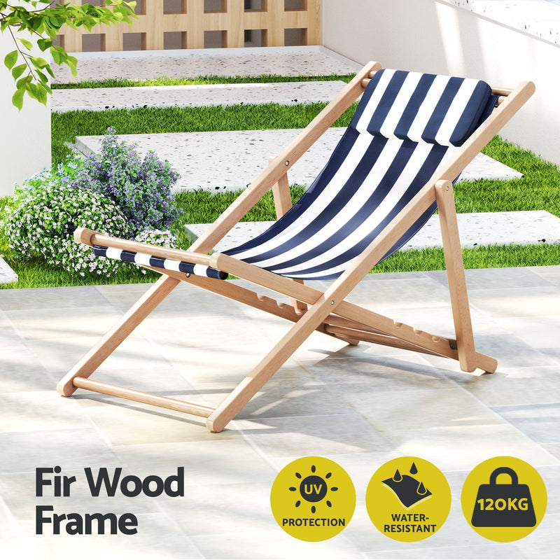 Dealsmate  Outdoor Deck Chair Wooden Sun Lounge Folding Beach Patio Furniture Blue