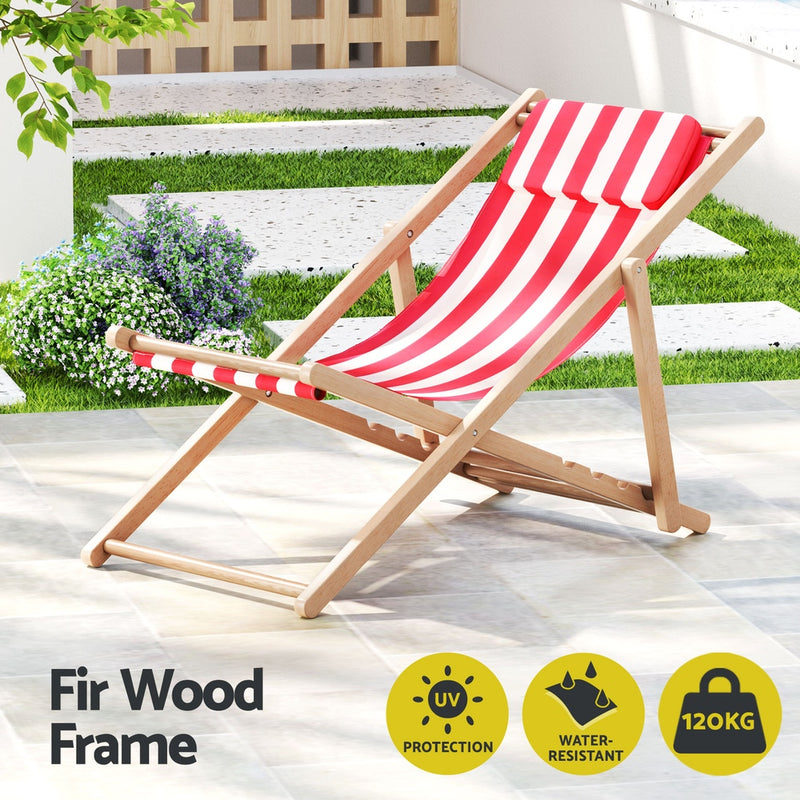 Dealsmate  Outdoor Deck Chair Wooden Sun Lounge Folding Beach Patio Furniture Red
