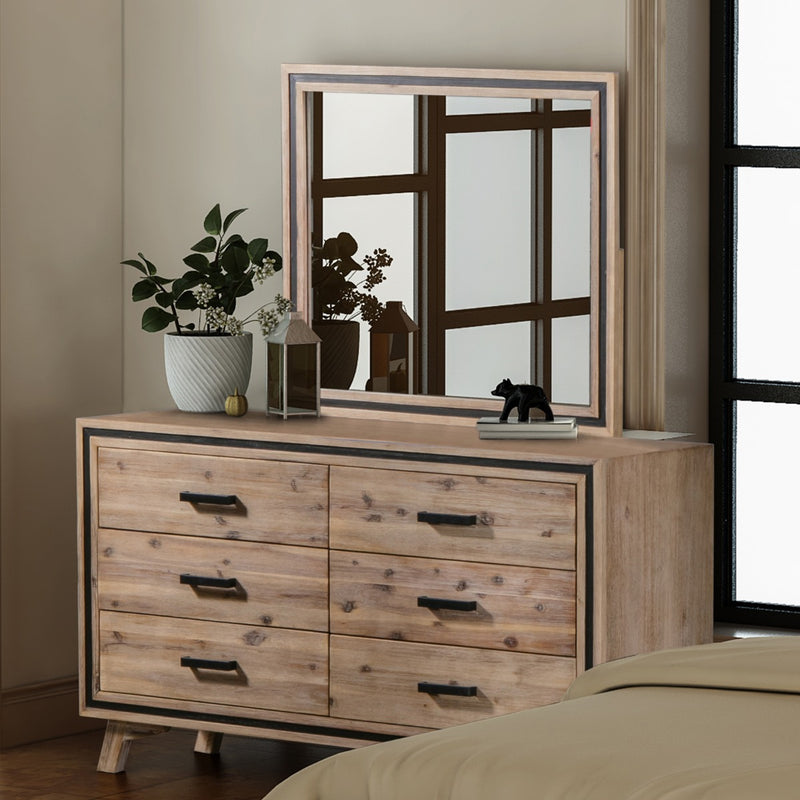Dealsmate Dresser with 6 Storage Drawers in Solid Acacia With Mirror in Silver Brush Colour