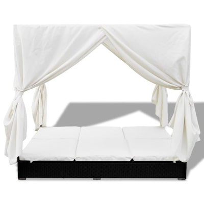 Dealsmate  Outdoor Lounge Bed with Curtains Poly Rattan Black
